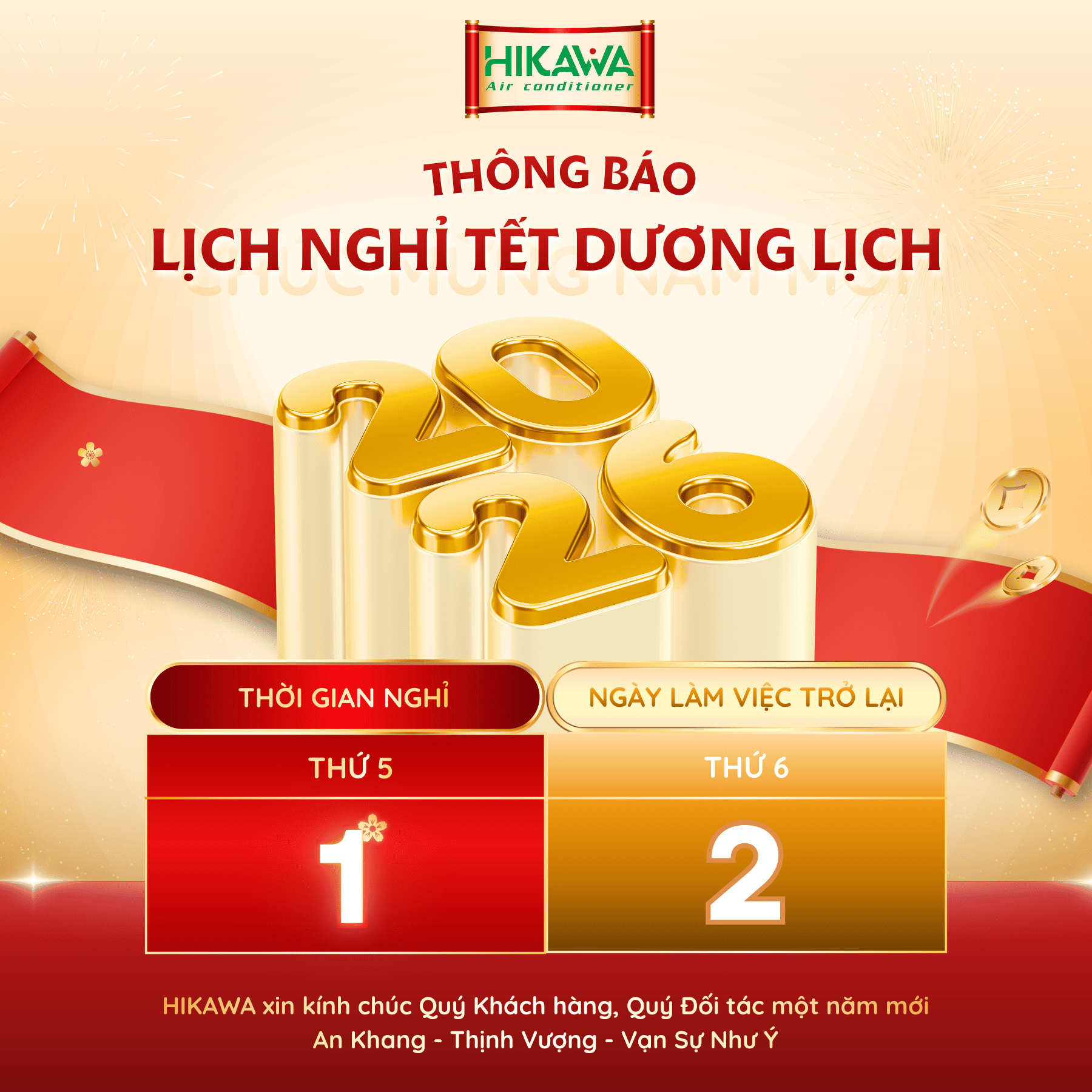 Thông báo Lịch nghỉ Tết dương lịch 2026